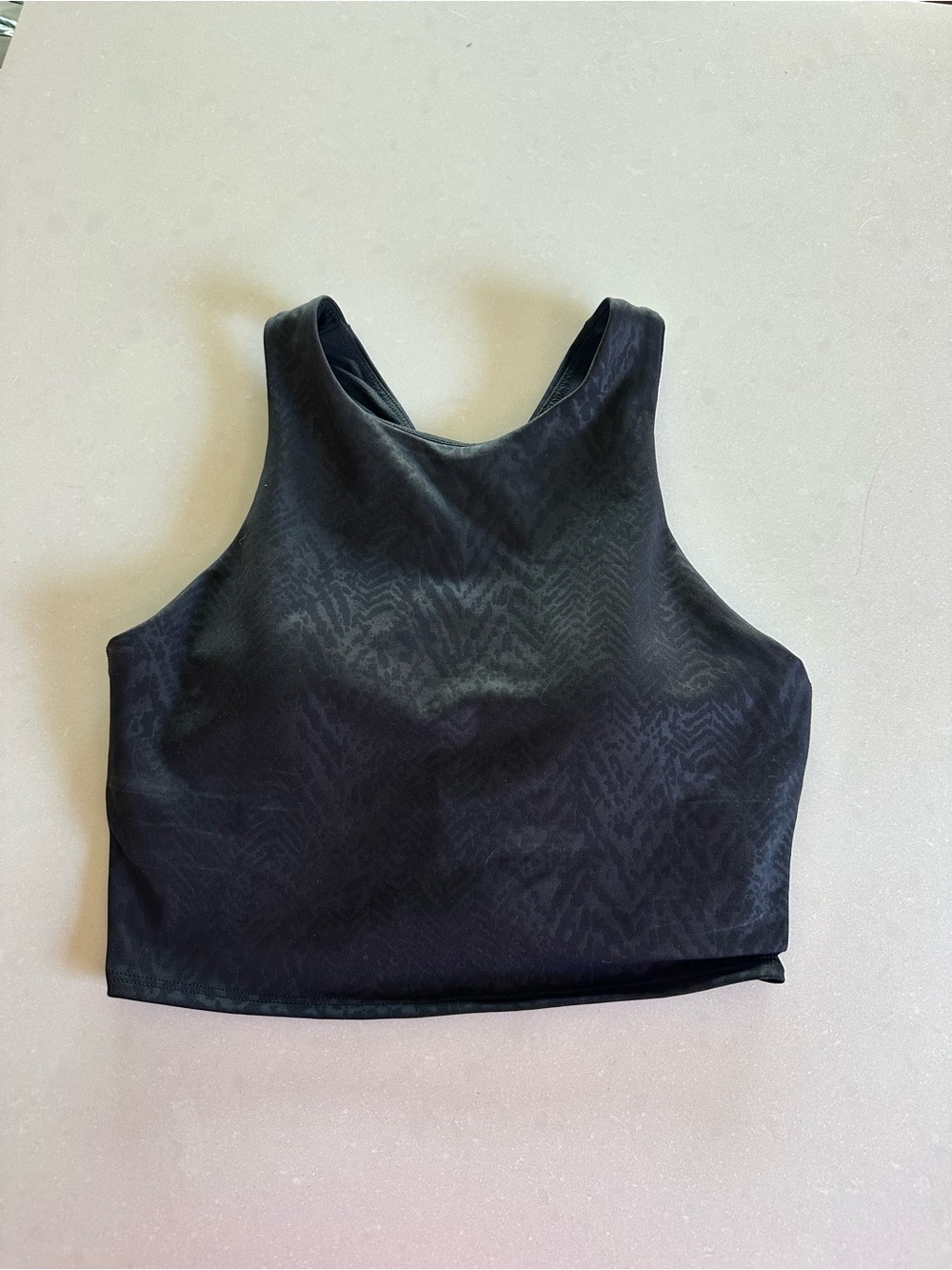 Athleta Black High-Neck Crop Top with Subtle Print